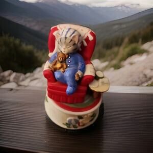 Schmid Kitty Cucumber Music Box Rocking Chair Santa Christmas Collectable